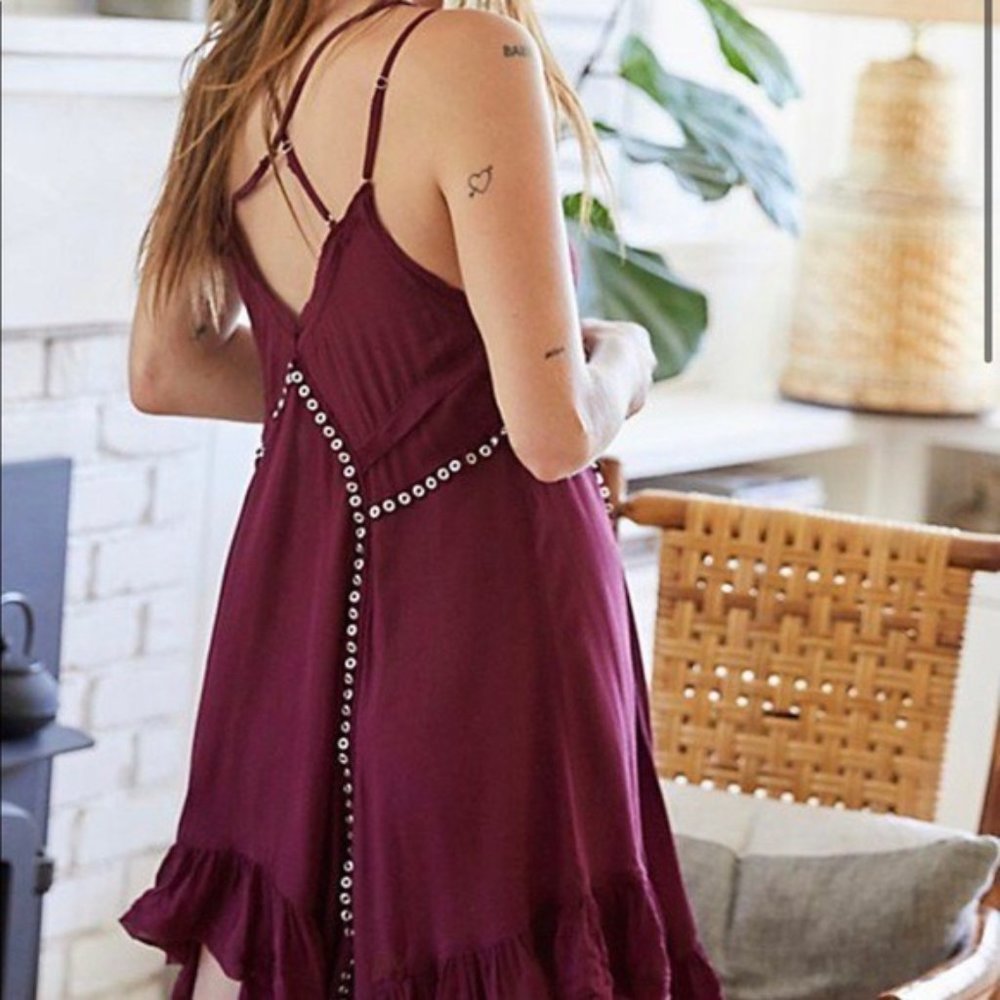 Free People Slip Dress Sz M Red Burgundy Trapeze V-Neck Studded Cross Ba… - Picture 3 of 16